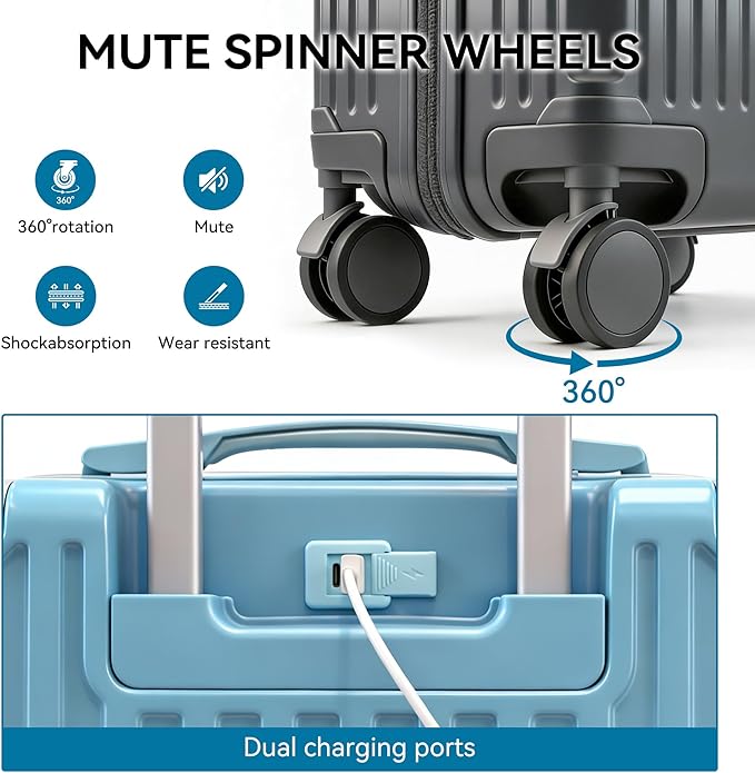 Carry On Luggage with Spinner Wheels,PC Hard Shell Suitcase with USB Port,Lightweight Travel Luggage Airline Approved for Men Women,Iron Gray,3-Piece Set (14/20/24)