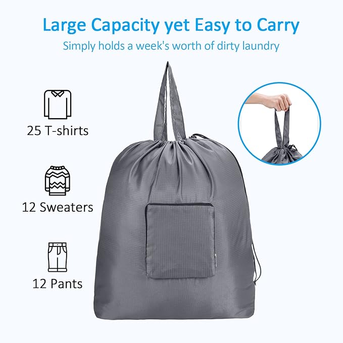 GOGOODA Travel Laundry Bags with Drawstring Closure XL Large Foldable Dirty Clothes bags with Handle Heavy Duty and Washable for College Dorm Travelling Camping, 2 Pack, Black & Grey