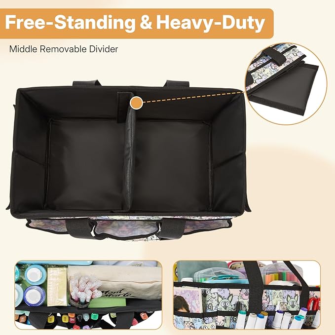 Craft Organizer Tote Bag, Art Organizer, Craft Caddy with Multiple Pockets, Storage Bag for Sewing Tools, Art Supplies, Home and Office (Cat Print)