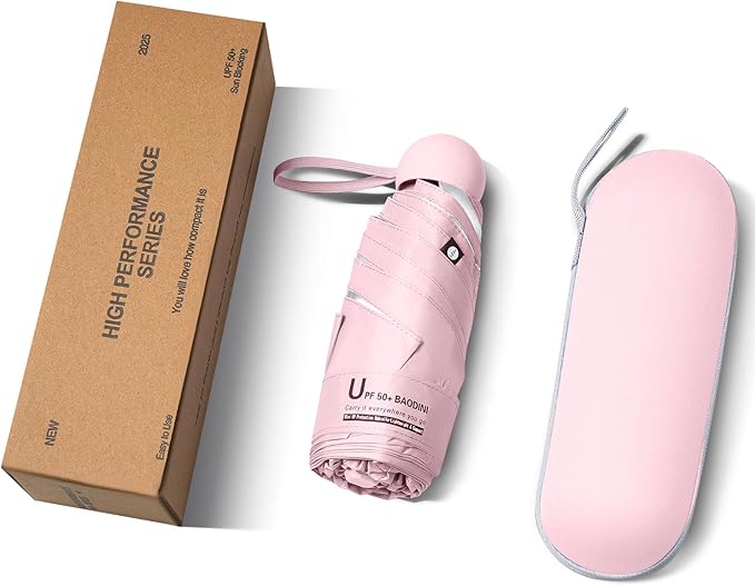 BAODINI Travel Essentials Mini Umbrella for Purse With Case Small Compact UV Sun Protection Lightweight Tiny Pocket Manual Open Close Umbrella for Women Kids and Men Fits Purse Backpack