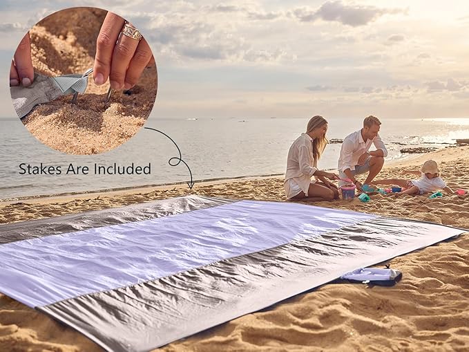 WEKAPO Beach Blanket Sandproof Waterproof, Extra Large Beach Mat, Oversized & Compact Sand Free, Quick Drying Beach Essentials for Vacation, Cruise, Picnic & Camping with Stakes