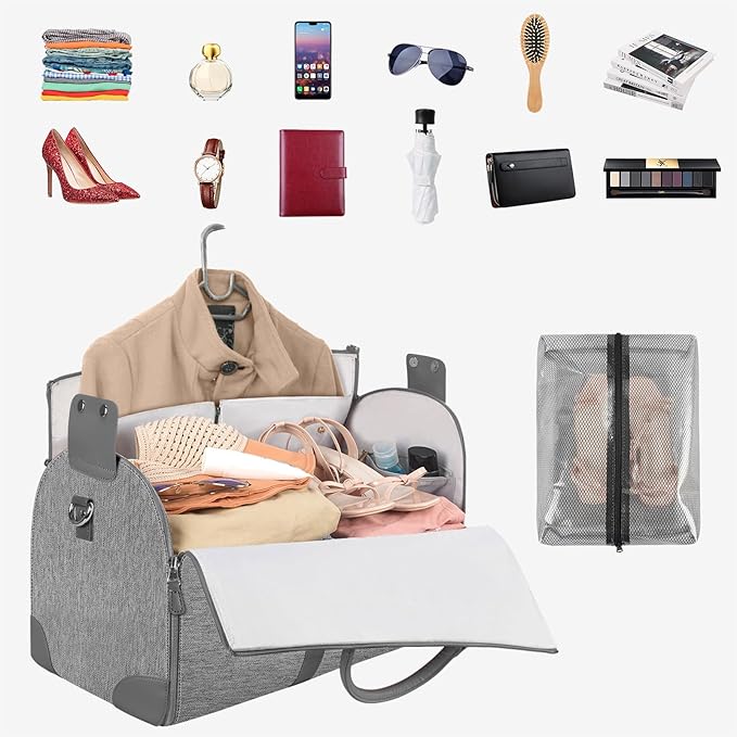 Ytonet Garment Duffle Bags for Travel, Convertible Carry on Garment Bag with Shoe Pouch, Water Resistant Duffle Bag for Women with Shoulder Strap, 2 in 1 Hanging Suitcase Suit Travel Bags, Grey