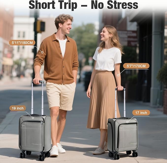 Softside Carry on Luggage Airline Approved, 17 Inch Underseat Carry-on Luggage with Removable Spinner Wheels, Small Personal Item Suitcase for Travel Business, (Grey, 17 inch_Underseat)