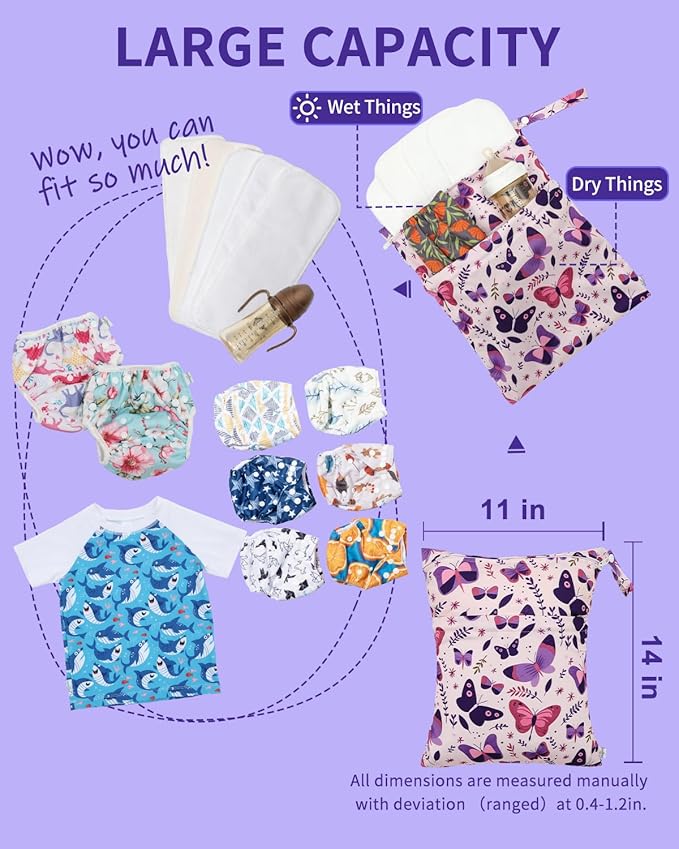 babygoal Wet Dry Bags 3 Pack, Waterproof Travel Bags for Swimsuits, Beach, Pool, Gym,Food Storage and Wet Clothes(Butterfly,Flamingo,Stripe),3LN44-B