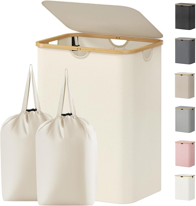 Lifewit 150L Laundry Basket with Lid, Clothes Hampers for Laundry with Bamboo Handles and 2 Removable Bag, Large Foldable Laundry Hamper for Bedroom, Bathroom, Dorm, Laundry Room, White