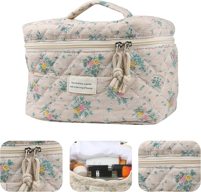 Cute Makeup Bag for Women(2 Pcs), Travel Cosmetic Bags, Quilted Coquette Aesthetic Floral Toiletry Organizer Bag (45 - Yellow Rose/4PCS)