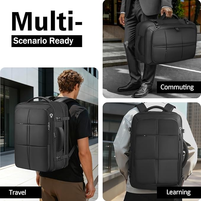Travel Backpack For Men, Extra Large 50L Flight Approved Carry on Backpack, Expandable Waterproof Business Suitcase Daypack Big Bag Fits 18.4 Inch Laptop, Black