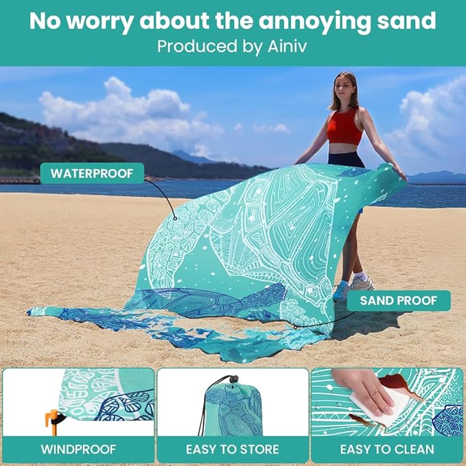 Ainiv Beach Blanket, Large Beach Mat 140 x 210 cm (2-3 People) Foldable, Sandproof Waterproof, Camping Outdoor Blanket with 6 Fixed Nails for Beach, Hiking, Picnic