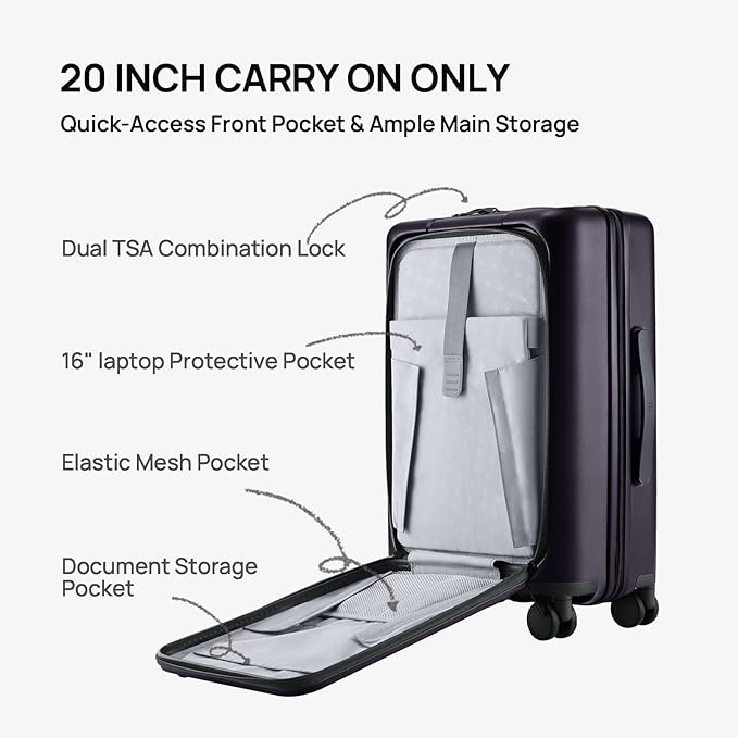 NINETYGO Carry On Luggage 22x14x9 Airline Approved, 20 Inch Suitcase with Front Compartment, Lightweight PC Hard Shell, Cup Holder, Clamshell, TSA Lock, Spinner Wheels (Blackcurrant Oolong)