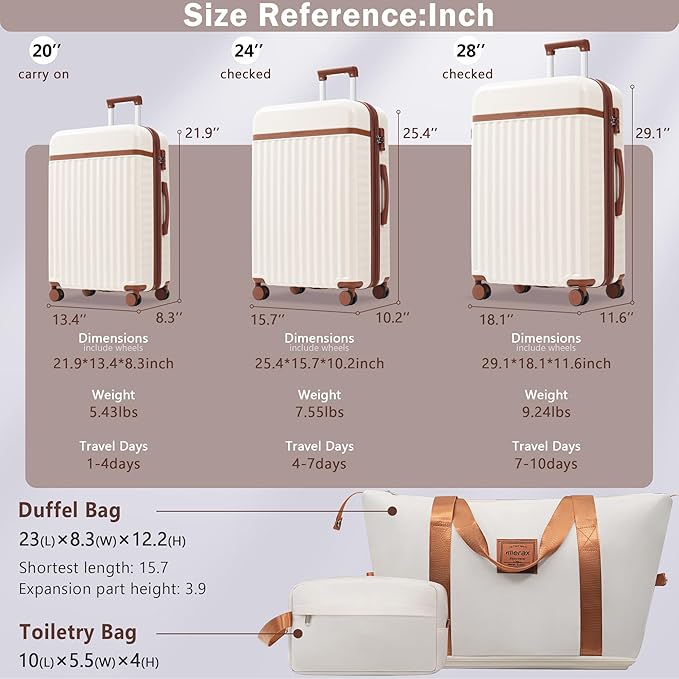 Merax 3 Piece Luggage Sets, Hardside Lightweight Carry on Suitcase,Durable Expandable Luggage with Travel Bags Spinner Wheels and TSA Lock,White and Brown