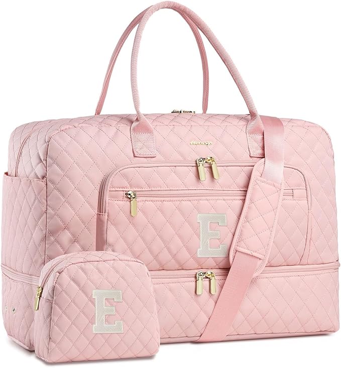 Initial Travel Duffle Bag for Women - Pink Personalized Weekender bags Overnight Bag with Shoe Compartment & Wet Pocket Weekend Tote Bags with Toiletry Bag Monogram Christmas Gifts (Letter E)