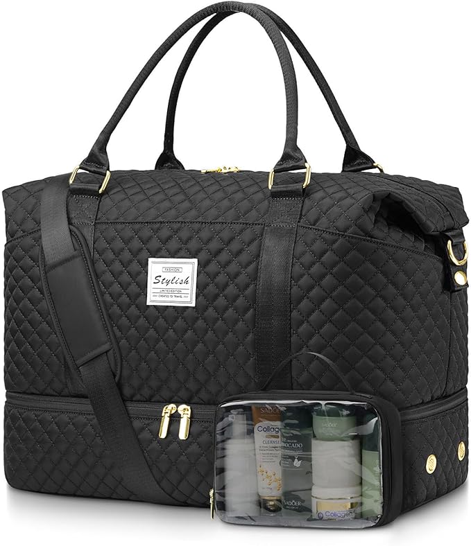 Women Overnight Weekender Bag - 40L Carry On Duffle for Airplanes with Shoe Compartment & Wet Pocket for Yoga Gym Waterproof Travel Tote with Toiletry Bag for Hospital Labor Delivery Black