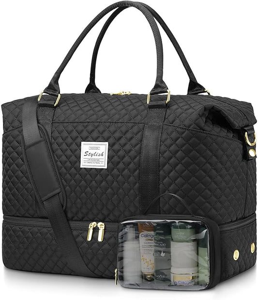 Women Overnight Weekender Bag - 40L Carry On Duffle for Airplanes with Shoe Compartment & Wet Pocket for Yoga Gym Waterproof Travel Tote with Toiletry Bag for Hospital Labor Delivery Black
