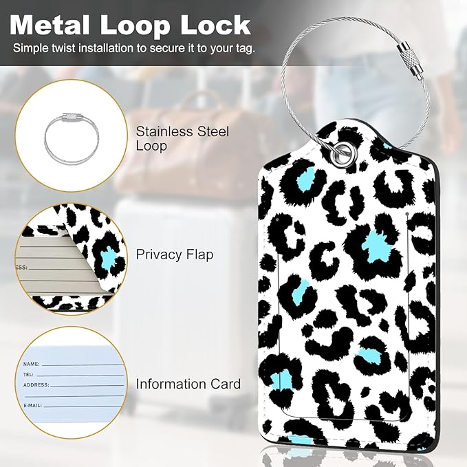 2Pack Luggage Tags for Suitcases, Cute Unique Pu Leather Cruise Luggage Tag with Privacy Cover ID Label Address Card and Metal Ring Suitable for Women Men Kids Travel Bag black leopard print