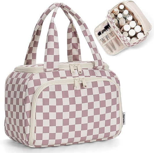 Narwey Checkered Travel Toiletry Bag for Women Large Makeup Bag, Wide-open Cosmetic Make Up Organizer with Handle, Travel Bag for Toiletries, Essentials, Accessories (Dusty Pink Checkerboard)