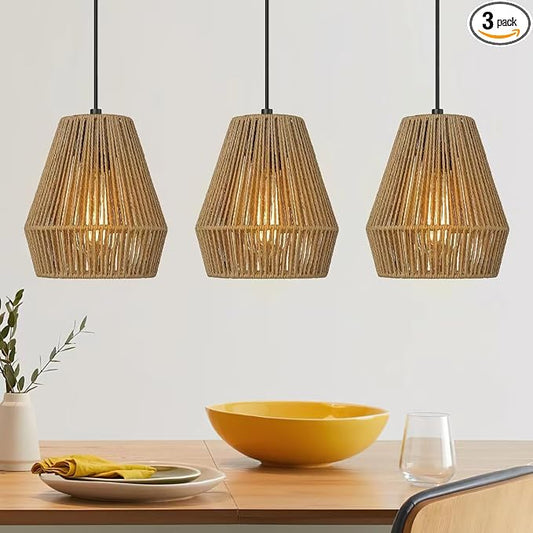 ELYONA 3 Pack Japandi Woven Pendant Lights 7” Modern Boho Hanging Lamp with Handwoven Rattan Shade, Adjustable Farmhouse Coastal Pendant Light Fixtures for Kitchen Island,Dining Room,Bar, Hallway