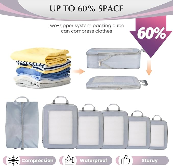 Ultralight Compression Packing Cubes for Suitcases Carry on，Compressible Mesh Packing Cubes for Travel Women Travel Essentials with Shoe Bag 6 Set (Grey)
