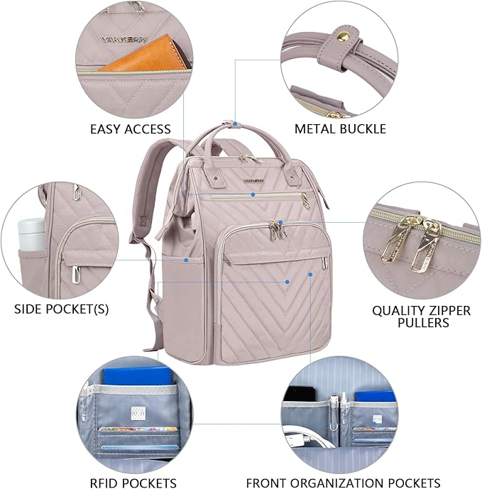 VANKEAN 17 Inch Laptop Backpack for Women Men Fashion Computer Work Bag, Large Capacity Waterproof Backpack with USB Port & RFID Pockets, College Daypack Business Travel Backpack, Light Dusty Pink