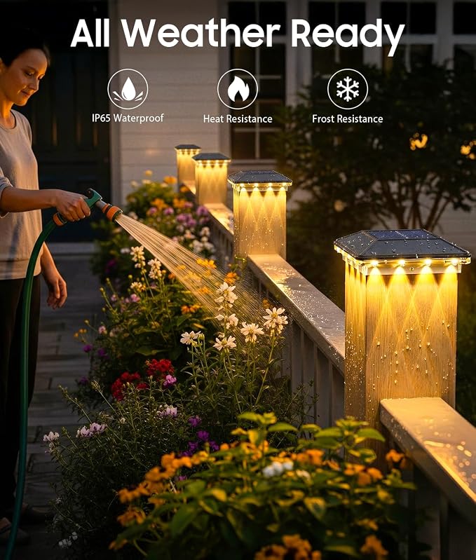 2 Pack 4x4 Solar Post Cap Lights Outdoor, 3 Lighting Modes Fence Post Solar Lights, Waterproof Focused Lens Deck Fence Post Cap Lights Solar Powered for 4x4 Wooden/Vinyl Posts in Deck Railing