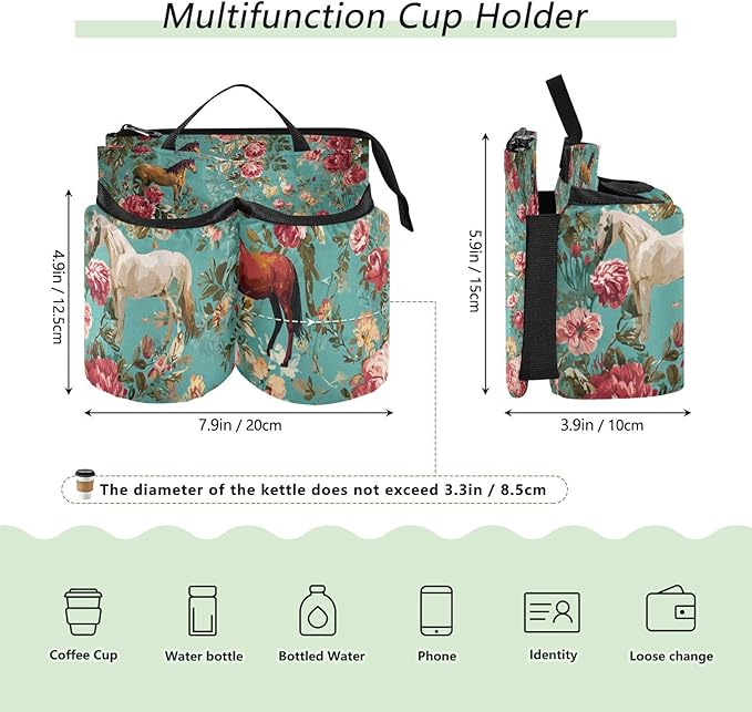 Luggage Cup Holder for Suitcases Free Hands Travel Cup Holder Portable Suitcase Cup Drink Holder Luggage Cup Caddy Bag Carrier Teal Horses and Red Roses