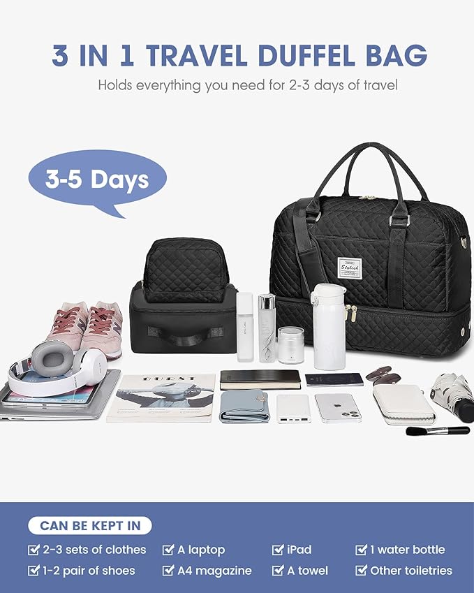 Weekender Travel Duffle Bag for Women: Overnight Bags with Shoe Compartment Carry on duffel Bag for Airplanes with 2 PCS Toiletry Bags Weekend Yoga Gym Hospital Bag with Wet Pocket Black