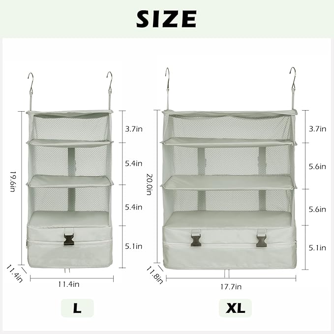 Surblue Hanging Closet Storage Bag Collapsible 3-Shelf Washable Oxford Fabric with 2 Hooks (L 11.41 * 11.41 * 19.68in, Light Gray)
