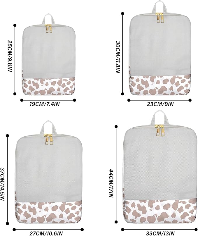 4 Set Packing Cubes Travel Luggage Organizers Compression cubes for Suitcase Travel Accessories for Women Girls Aesthetic Cute-Brown Cow Pattern