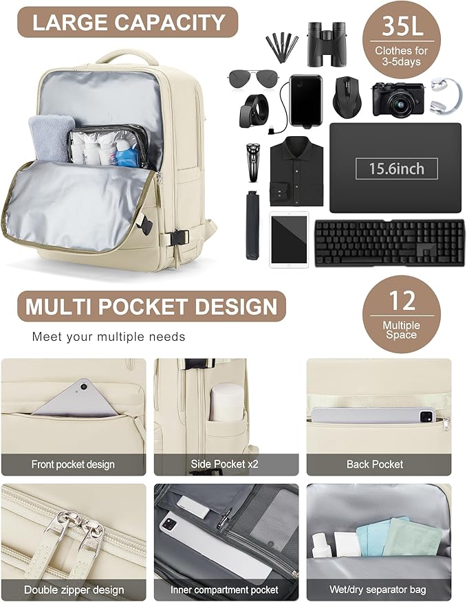 VGCUB Lightweight Travel Backpack for Women Men,Carry on Backpack Flight Approved Luggage,Water Resistant Laptop College Work Backpack Personal Item Daypack Bookbag Mochila de Viaje,Beige