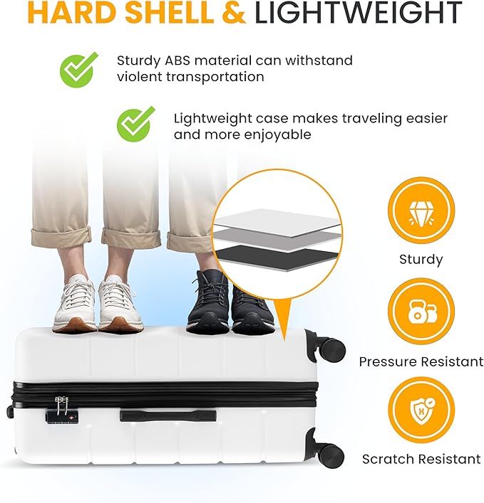 HealSmart Hardside Carry-On Luggage, Expandable Portable Hardshell Luggage with Spinner Wheels, Lightweight Suitcase TSA Lock, 24 Inch, White