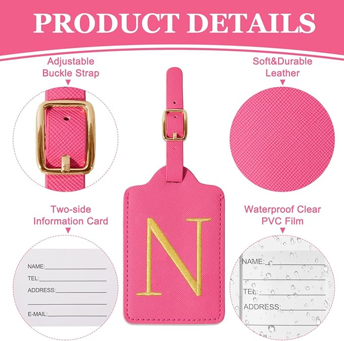 Personalized Initial Luggage Tags for Suitcases,Leather Letter Cute Luggage Tags with Privacy Name Card,Embroidered Monogrammed Travel Bag Backpack Tag Gifts for Women Kids Girls Teens(Rosered-N)