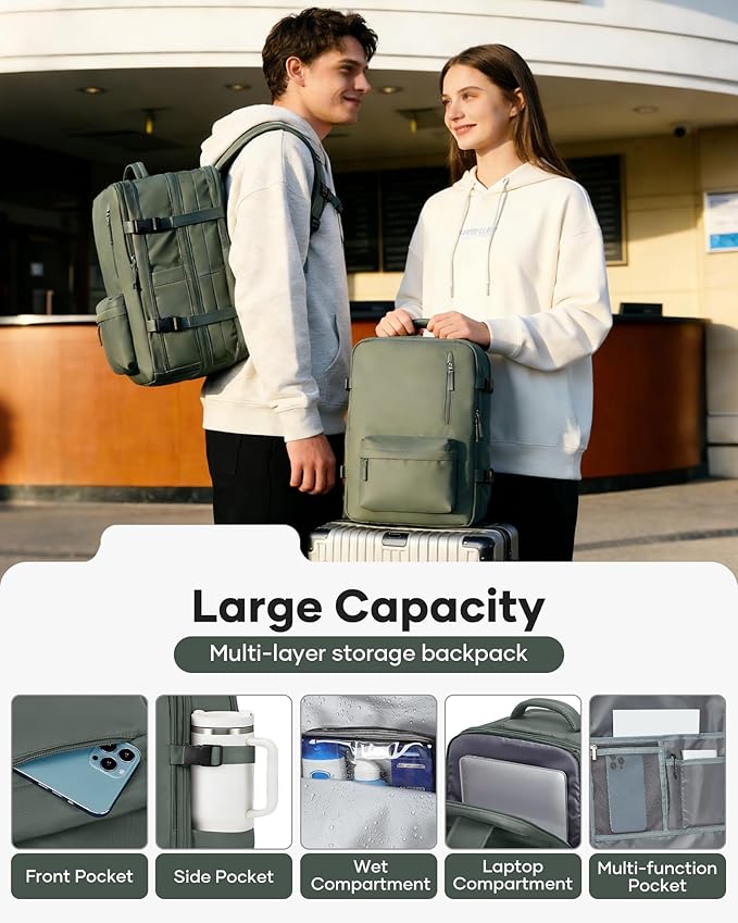 VECAVE Vacuum Backpack Travel with Pump, Expandable Personal Item Carry on Backpacks for Women Men, Laptop Waterproof Work Compression bags with USB Casual Daypack Green