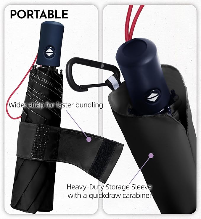 Windproof Travel Umbrella for Rain - 43" Compact Folding Umbrella, Reinforced Strong Frame, Lightweight Portable Parasol with UPF 100+ UV Sun Protection, Cruise Ship Essentials