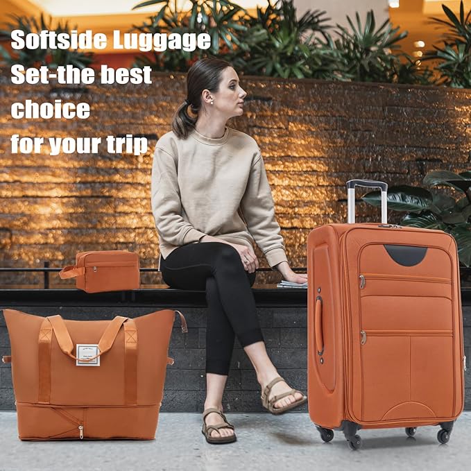 Luggage Sets Softside Expandable 3 Piece Set Lightweight Suitcase with Duffel Bag Upright Spinner Softshell, TSA Lock Carry On for Business for Family Travel (Orange, 22"/26"/30")