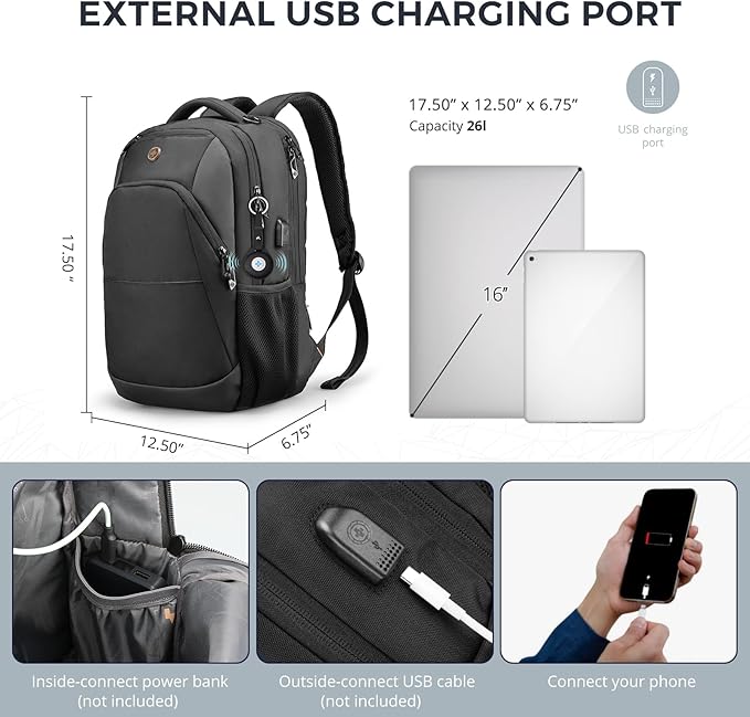 Swissdigital Design Adult Laptop Backpack, College Laptops Backpack with USB Charging Port for Men and Women Fits 16 Inch Notebook with Finder Keychain, Bluetooth Tracker, Item Locator for Keys