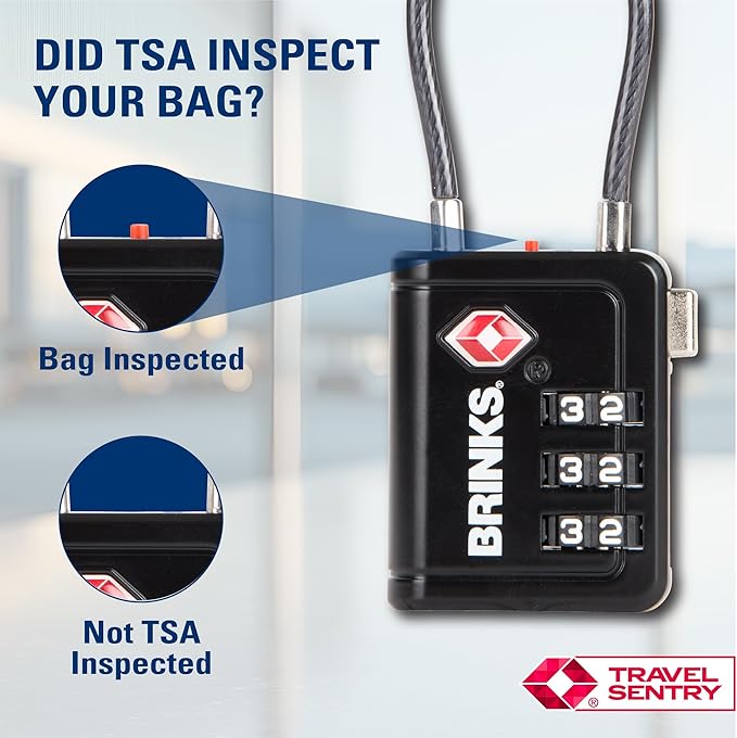 Brinks TSA Accepted Indicator Luggage Lock, Black - Resettable 3-Dial Combination, 1.5 inch Long Cable Shackle, New More Secure TSA008 Key, 2 Pack