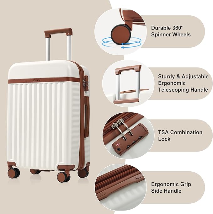 Hardshell Luggage, Lightweight Suitcase with Spinner Wheels, WHITE BROWN+USB