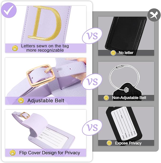 Initial Letter Luggage Tags for Suitcases, Embroidered Monogrammed Suitcase Luggage Identifier Name Tag, PU Leather TSA Approved Luggage Tags, Bag Tags for Men Women Kids Luggage Handbags(Purple D)