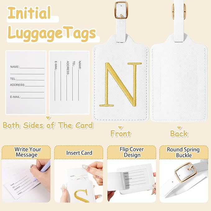 Initial Letter Luggage Tags for Suitcases, Personalized Embroidered Letter Luggage Bag Suitcase Identifier Name Tag, Cute PU Leather Travel Luggage Tags, Bag Tags for Luggage Handbags(White N)