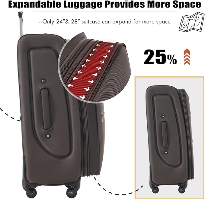 Softside Luggage Sets 3 Piece - 20" Carry-On, 24” & 28” Checked Luggage Set, Expandable Luggage Lightweight Suitcase with Spinner Wheels & TSA Lock for Family Extended Travel (Brown)