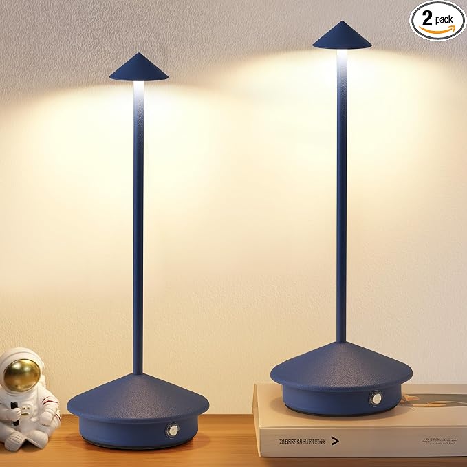 Modern Cordless Table Lamp Set of 2, Blue Portable LED Desk Lamps | 4000mAh, Rechargeable, Battery Operated Lighting for Bedroom, Dining Room, Restaurant, Coffee Shop, Camping, Night Light