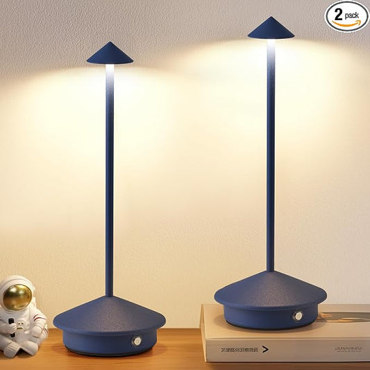 Modern Cordless Table Lamp Set of 2, Blue Portable LED Desk Lamps | 4000mAh, Rechargeable, Battery Operated Lighting for Bedroom, Dining Room, Restaurant, Coffee Shop, Camping, Night Light