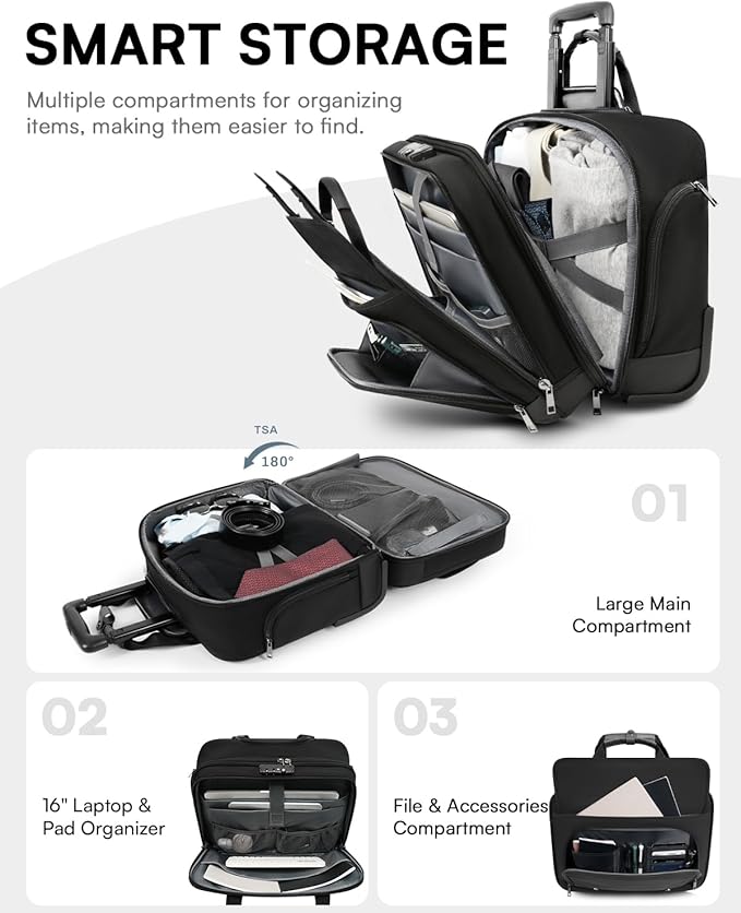 Rolling Laptop Bag, Briefcase for Men and Women, 16 Inch Computer Bag with Wheels Underseat Carry on Luggage, Laptop Briefcase Case for Work, Travel, College Teacher, Mobile Office Bag, Black