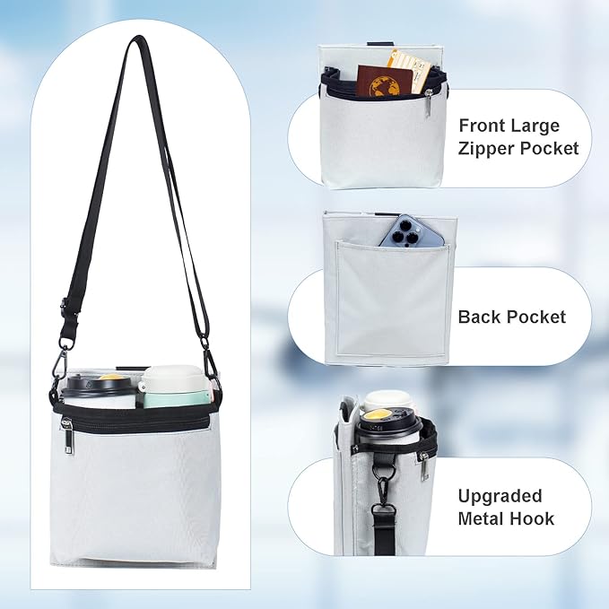 Bokelai Luggage Travel Cup Holder with Luggage Straps Free Hand Drink Caddy Beverage Holder Travel Accessories Flight Attendants Businessmen Travelers Fits Roll on Suitcase Handles Light Grey
