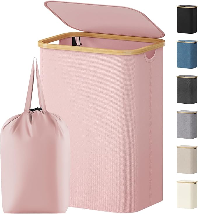 Lifewit 80L Laundry Basket with Lid, Clothes Hampers for Laundry with Bamboo Handles and 1 Removable Bag, Large Foldable Laundry Hamper for Bedroom, Bathroom, Dorm, Laundry Room, Pink