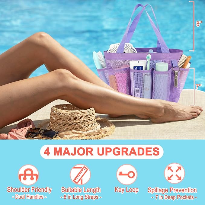 Fammart Mesh Shower Caddy Portable for College Dorm Room Essentials, 8-Pocket Large Shower Basket Tote Bag with 2 Handles for Toiletry, Bathroom, Beach, Camp, Gym