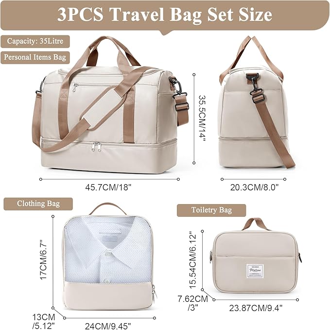Travel Duffel Bag for Women, Carry-on Overnight Weekender Bags with Wet Pocket & Toiletry Bag, For Spirit Airlines 18x14x8 Personal Item Bag,Small,3 Pcs Set