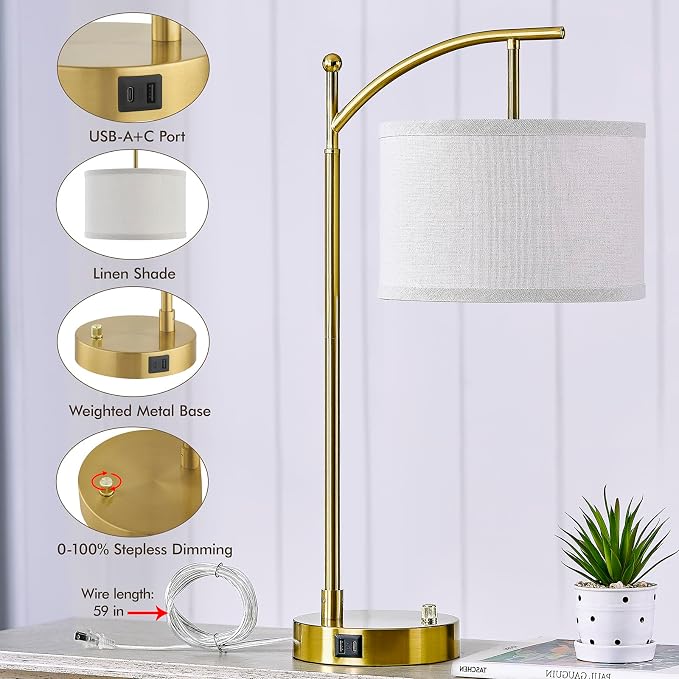 Table Lamp for Living Room Bedroom, 23.5" Table Lamps Set of 2 with USB C+A Ports, Bedside Lamps for Nightstand with Linen Lamp Shades, 2 Dimmable LED Bulbs Included, Gold