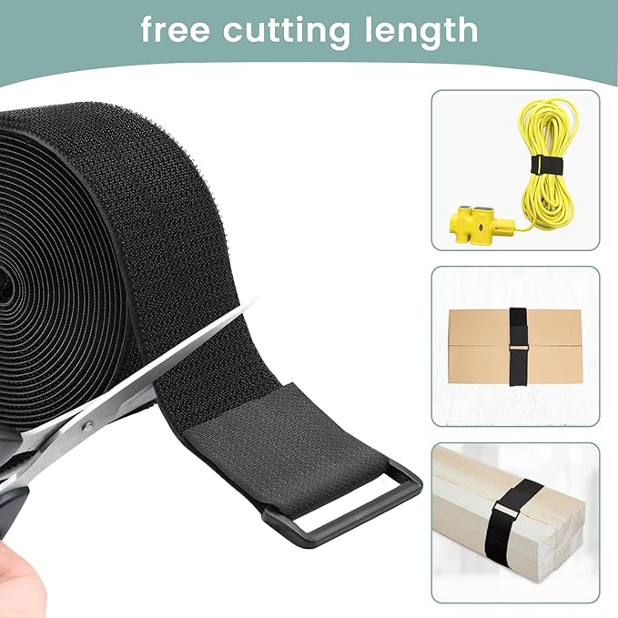 2In x 16Ft Cable Straps Heavy Duty With 15 Buckles, Black Hook and Loop Straps, Reusable Cable Ties for Organizer or Storage