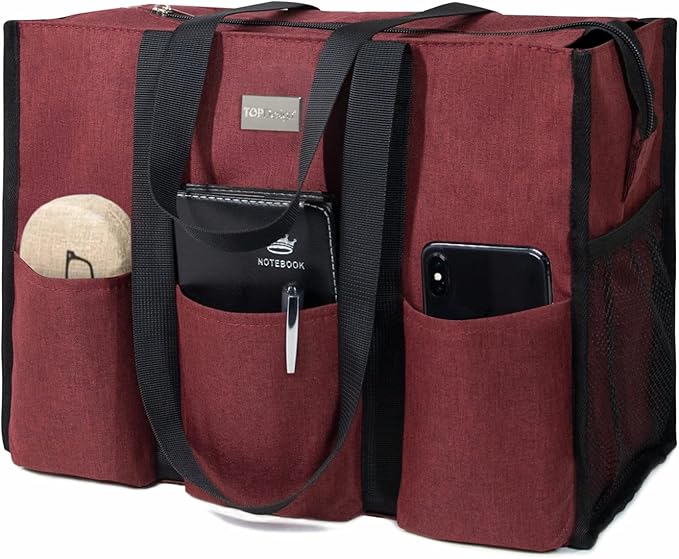 TOPDesign Utility Water Resistant Tote Bag with 13 Pockets, Top Zipper Closure & Thick Bottom Support, for Working Women