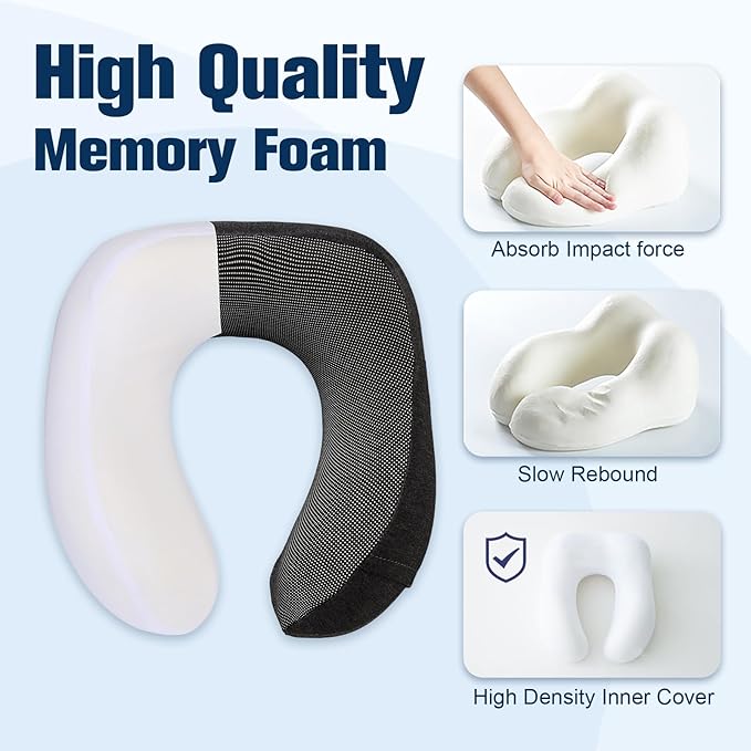 Neck Pillow for Traveling, Travel Pillows for Airplanes,100% Pure Memory Foam Travel Neck Pillow, Adjustable Flight Pillow, Portable Plane Accessories with Eye Mask, Earplugs, Carry Bag